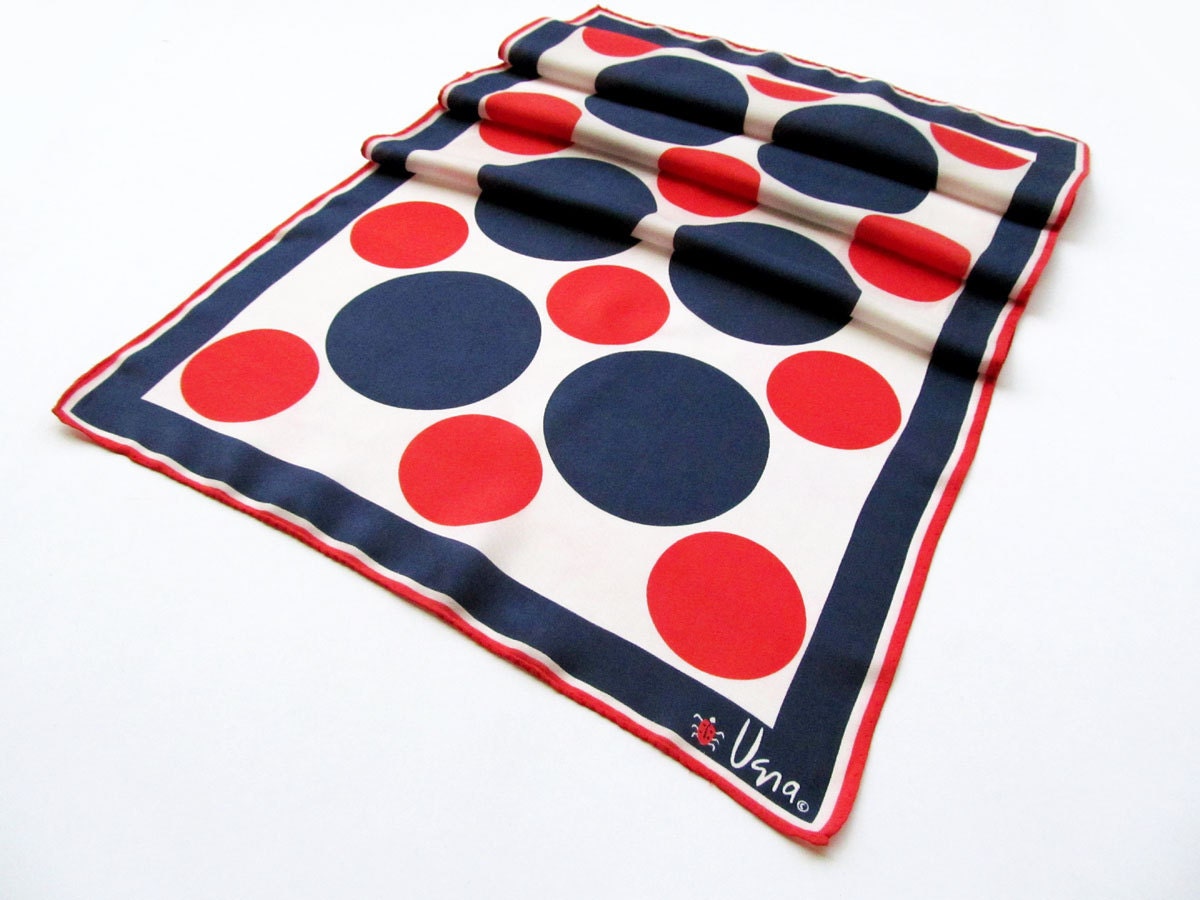 Vera Ladybug oblong scarf red white and blue polka dot 60s Vera Neumann scarf mod red blue polka dot scarf USA Olympics