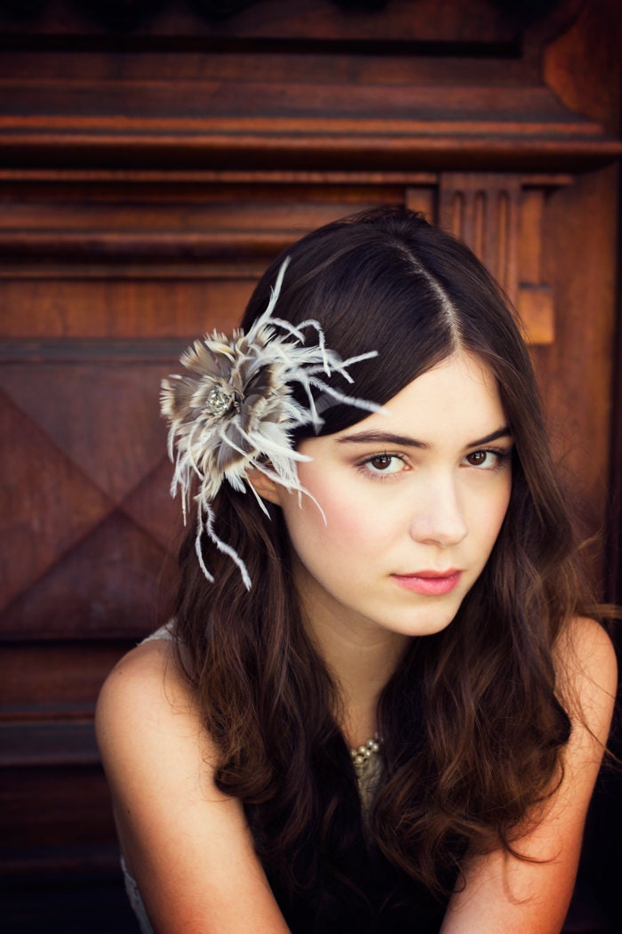Neutral Gray, Silver Tan Ombre Goose Feather Bridal Fascinator with Flowing Ostrich Feather Accents
