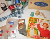 Grandma's Vintage Sewing Kit, lots of collectibles, thimble, tape measurer, buttons, wooden thread spools, needles ...