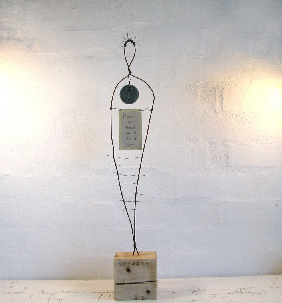 Zodiac Wire Sculpture Scorpio. Rustic Wire Art. Driftwood Art. Mixed Media Sculpture.