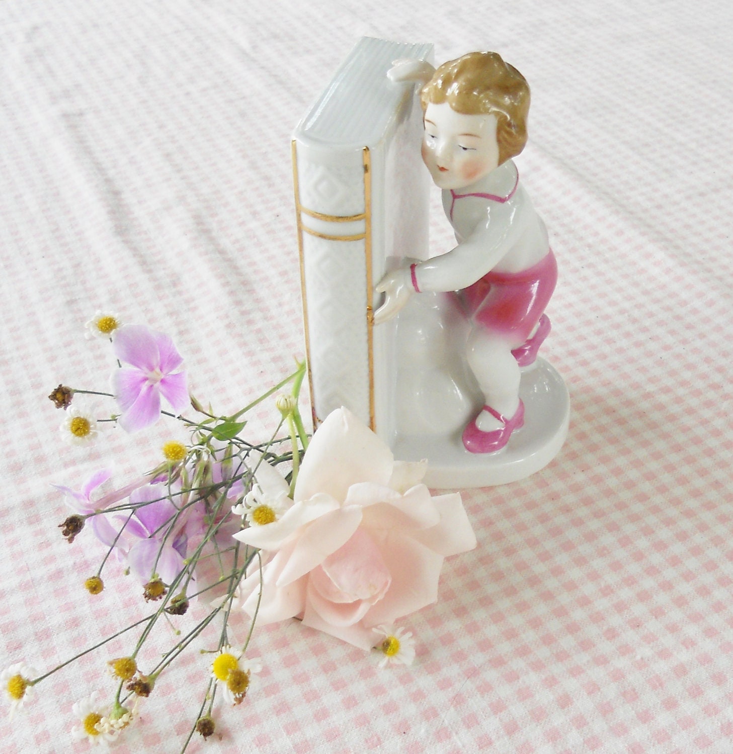 Boy and Book Figurine Bookend - Made in Germany - Vintage, French Decor, Farmhouse, Christmas, Gift, Wedding, Shabby Chic