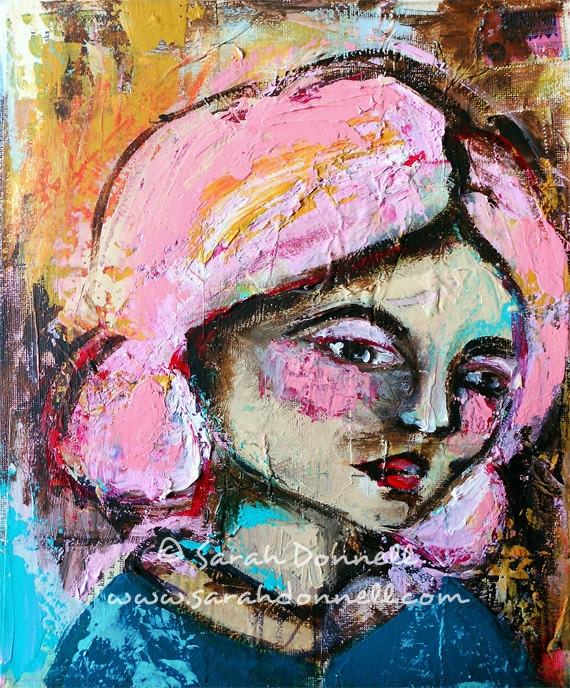 A4 Print Original Artwork Mixed Media Girl Painting Mixed Media Collage Wall Art Bright Pink Hair Glicee Modern Retro Art - Shy