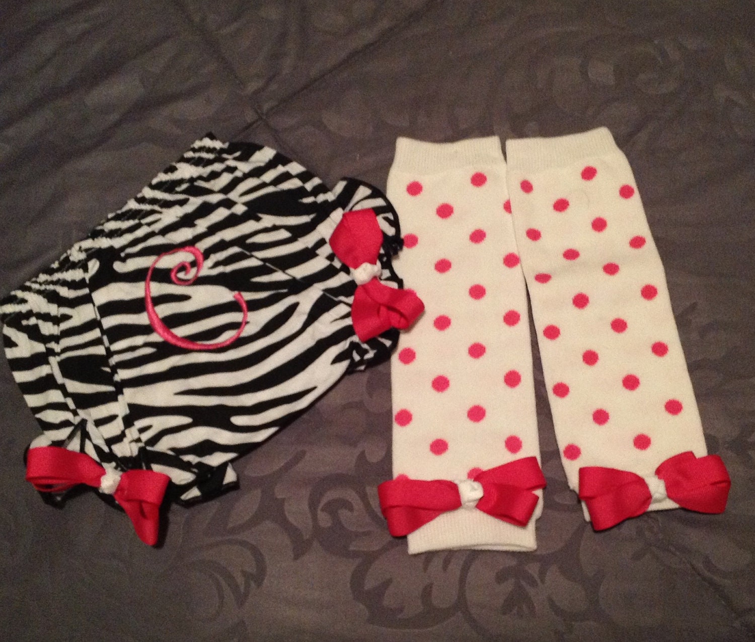Zebra & hot pink monogrammed diaper cover with polka dot leg warmers set