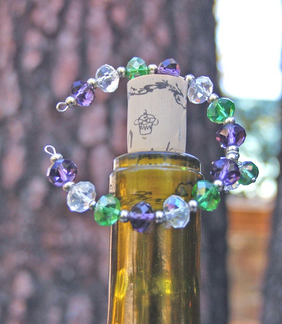 Fancy Crystal Wine Bottle Topper Necklace. Purple, Green, Clear Crystals.