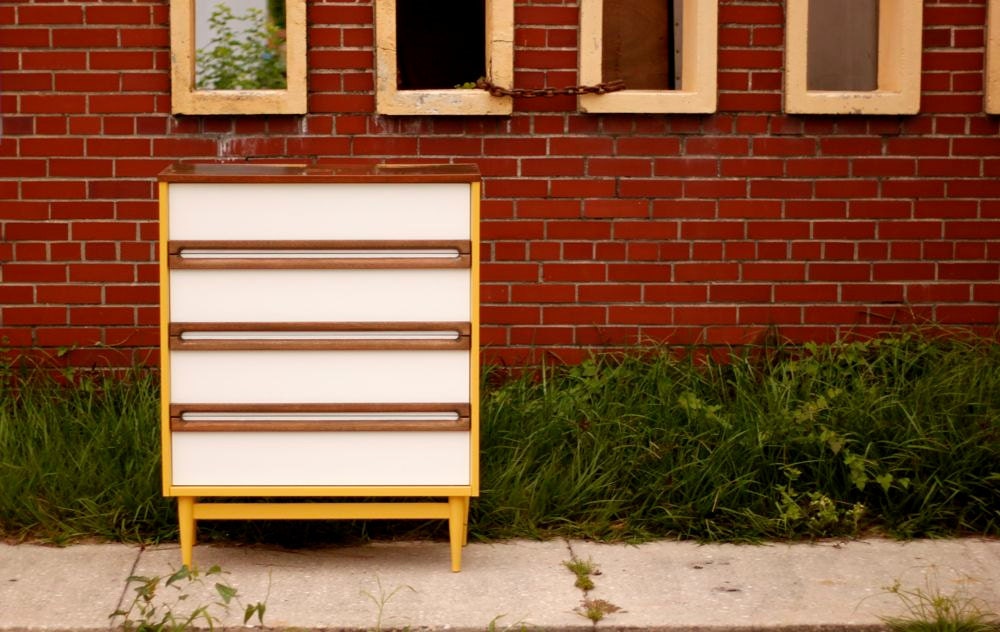 Reserved Mustard Yellow Mid Century Four-Drawer Dresser with Refinished Pulls and White Drawers