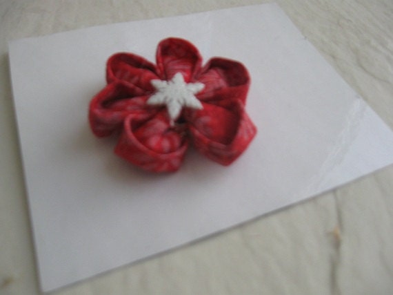 Fabric Kanzashi Flower Embellished w/Snowflake Button Center Hair Clip