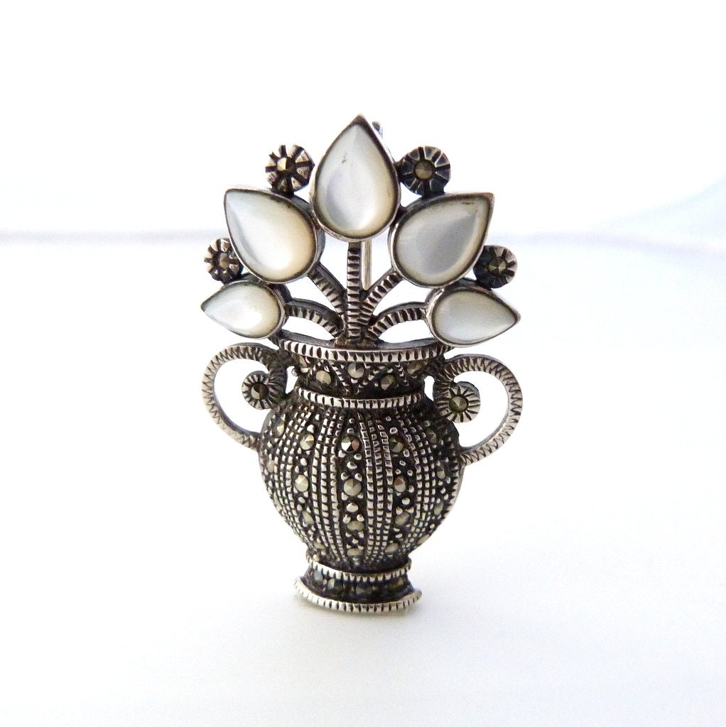 Sterling Silver Marcasite Flower Brooch - Sterling Floral Vase Pin