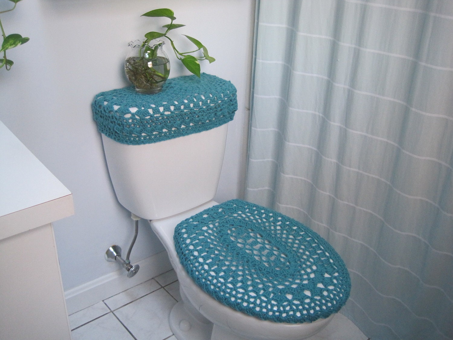Set of 2 Crochet Covers for Toilet Seat & Toilet Tank Lid, Cozies - Aqua (TSTTL4A)