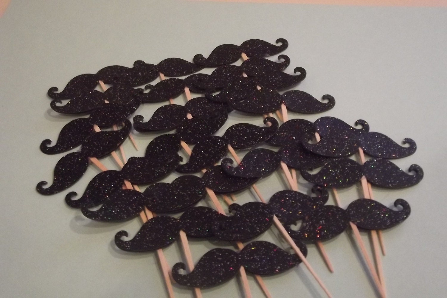 24 Mustache (Black Glitter) Cupcake Toppers/Food Picks/Party Picks/Toothpicks