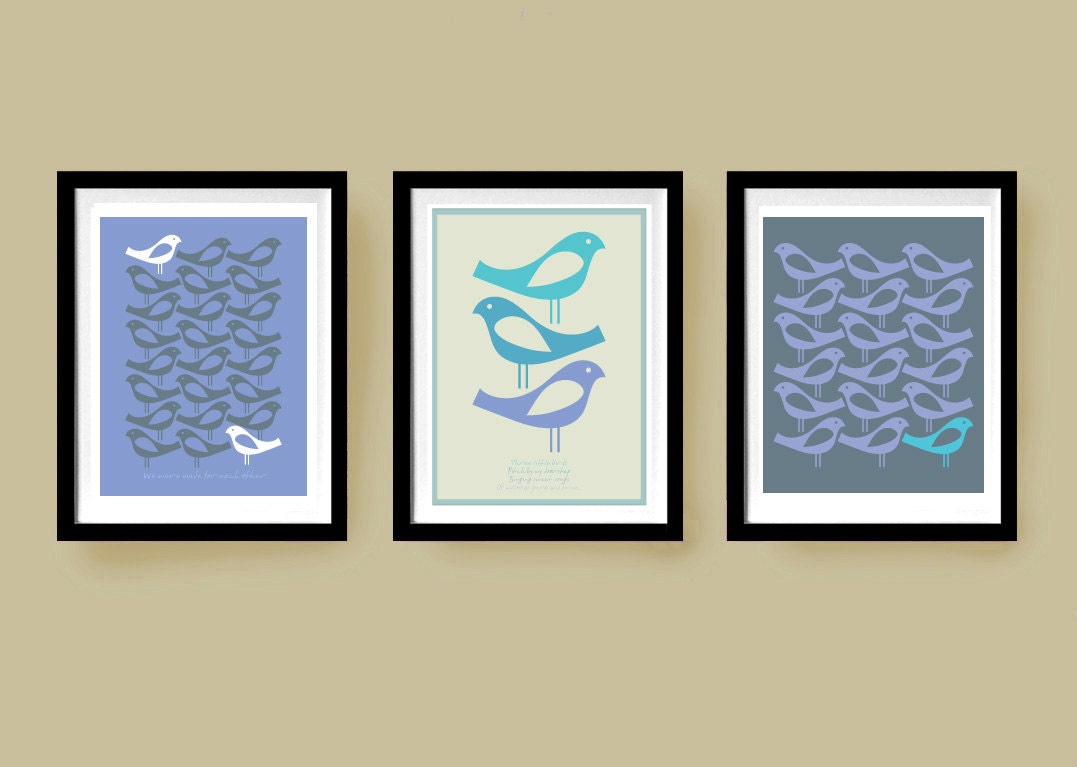 Set of Three, Mid century Birds prints, Blues, 8 x 10 (A4) Artists giclee prints