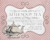 Printable Tea Party Birthday Invitation - 4.25 x 5.5 - Antique Teapot - Pink, Grey, Gray, Ivory, Brown - Victorian, Vintage, Cottage