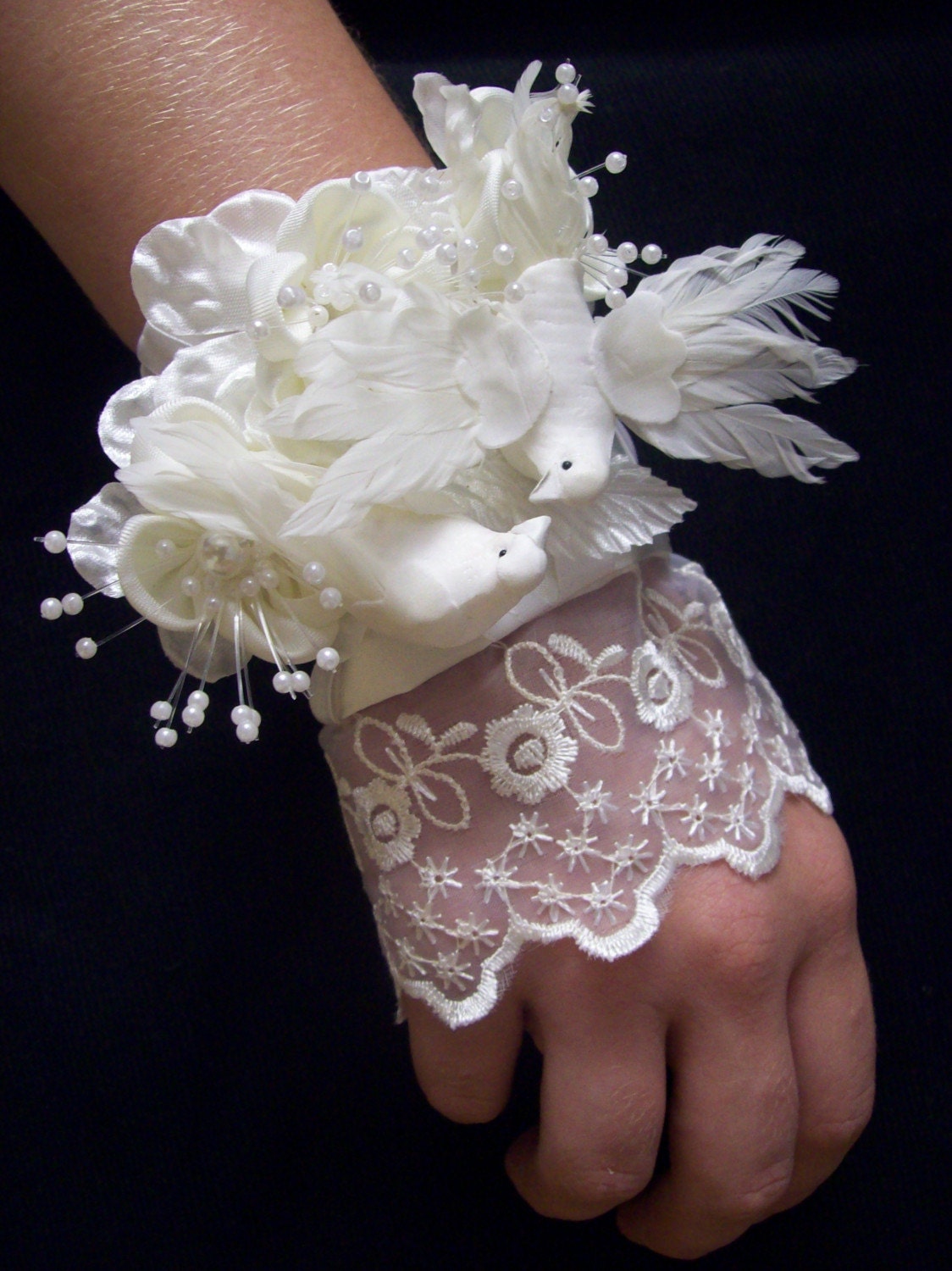 Handmade Victorian Style White Bridal Cuff with White Pearl Buttons and White Lace with White Feathered Love Birds for a Wedding Accessory