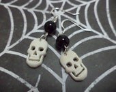 Black and White Skull Earrings - Goth, Halloween, Skeleton, Charm, Glass Bead, Dangle