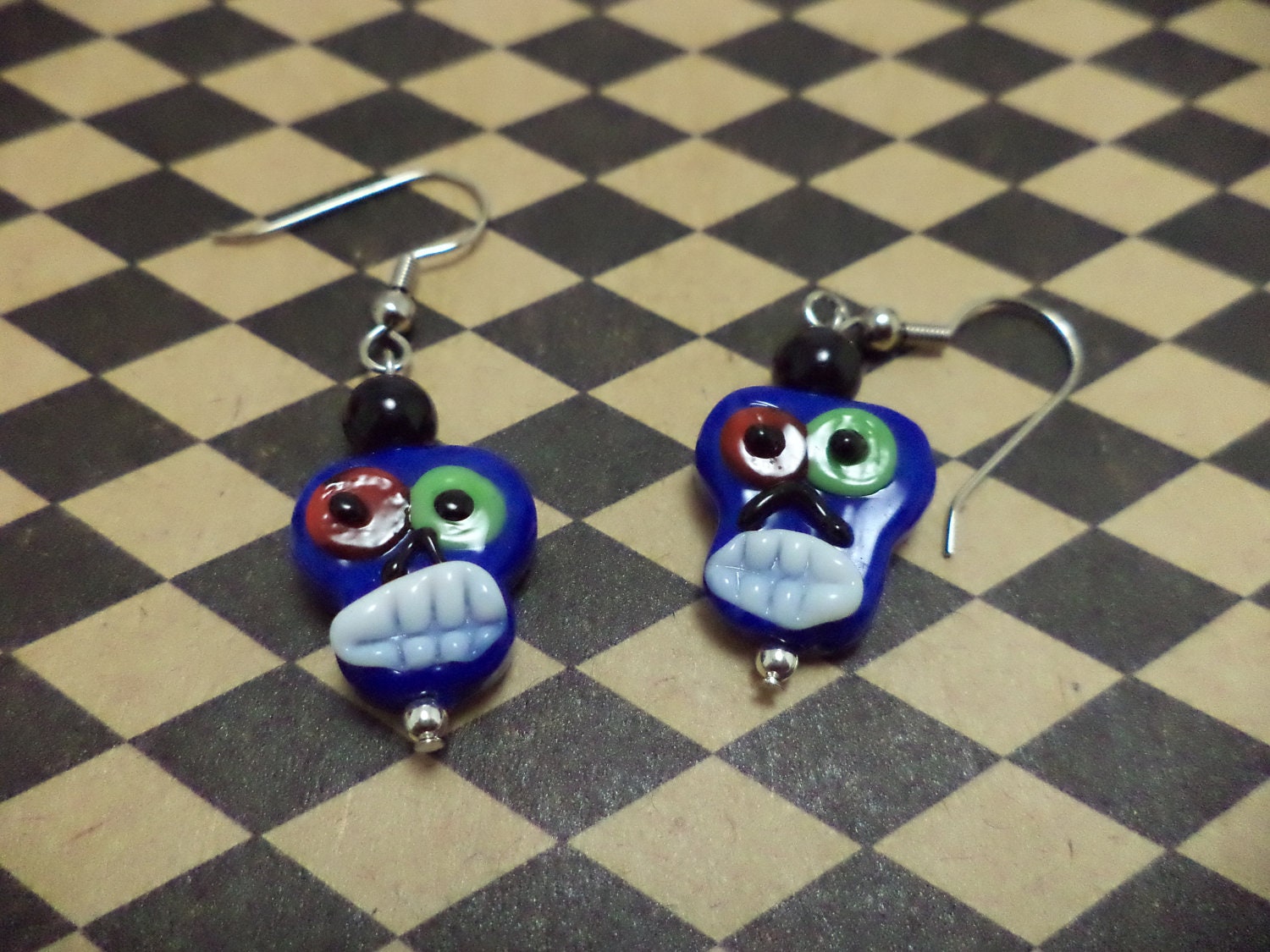 Blue Sugar Skull Earrings - Day of the Dead, Lampwork, Skeleton, Dia de los Muertos, Dangle, Rockabilly, Goth