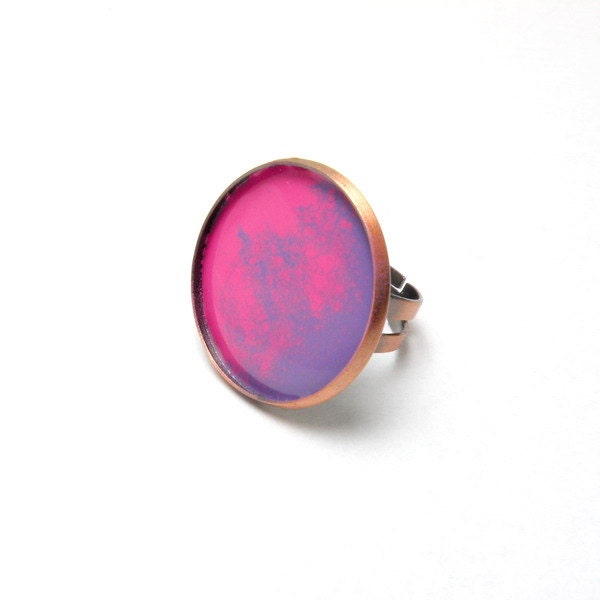 SALE 30% off  - Adjustable enamel ring, pink and violet, copper 24mm