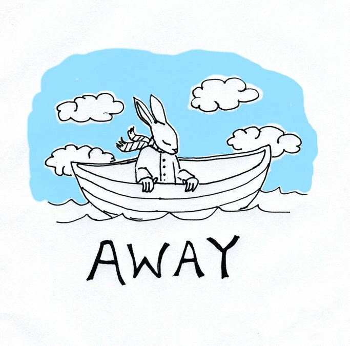 Rabbit in boat drawing on white ring spun cotton women's t shirt.