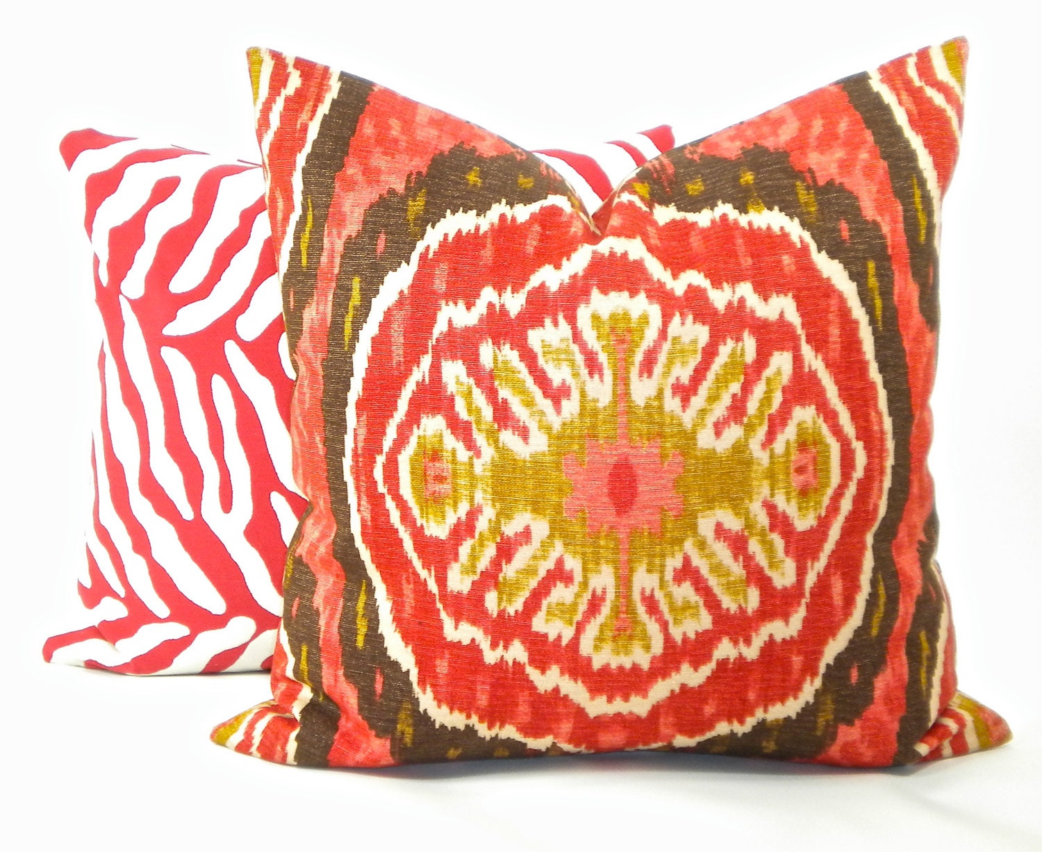 Designer Iman "Masala" Ikat Batik Decorative Pillow Cover - Print Fabric Both Sides- Red, Brown, Gold & Ivory - To Cover 20"x20" Pillow Form