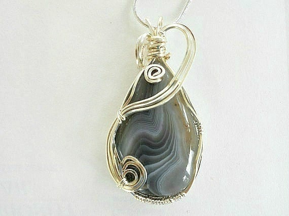 Wire Wrapped Pendant Botswana Agate, Handmade Jewelry