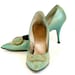 Vintage 60s Pointy Stilettos -- Sage Green Leather Heels w/ Rhinestone & Gold Buckle -- 6 -7