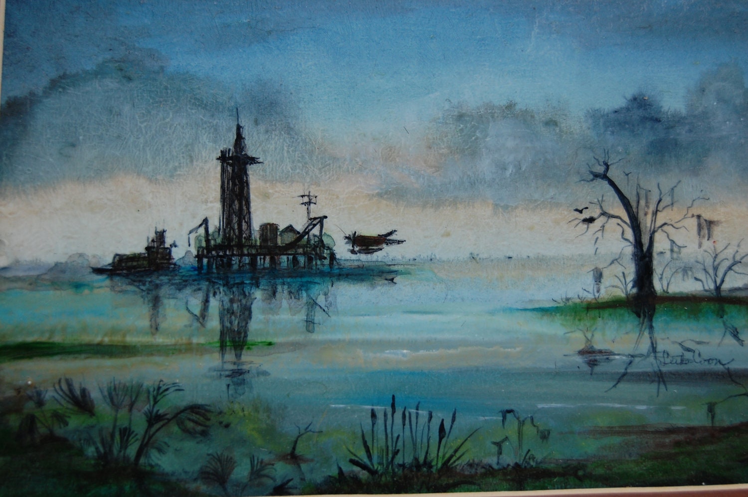 REDUCED - Louisiana swamp - oil rig - Letha R. Coon - vintage painting - oilfield - marshland - New Orleans