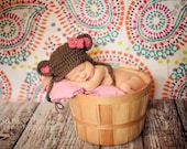 Baby girl bear hat, newborn photography prop hat, pink and brown, crochet knit hand made hat beanie