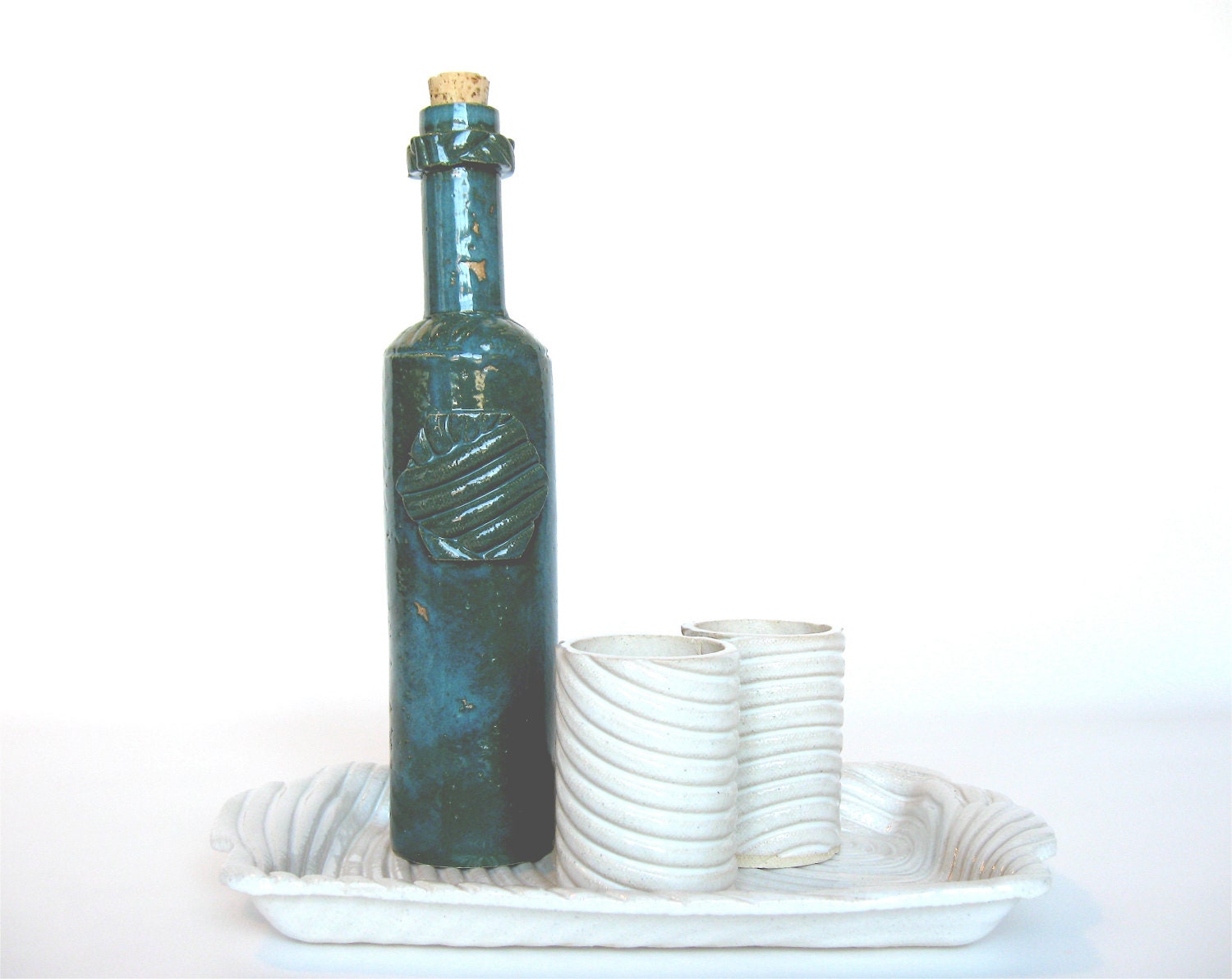 Stoneware Bottle Set with Two Cups and a Tray, modern ceramic pottery in dark turquoise, housewares barware shot glass wine liquor