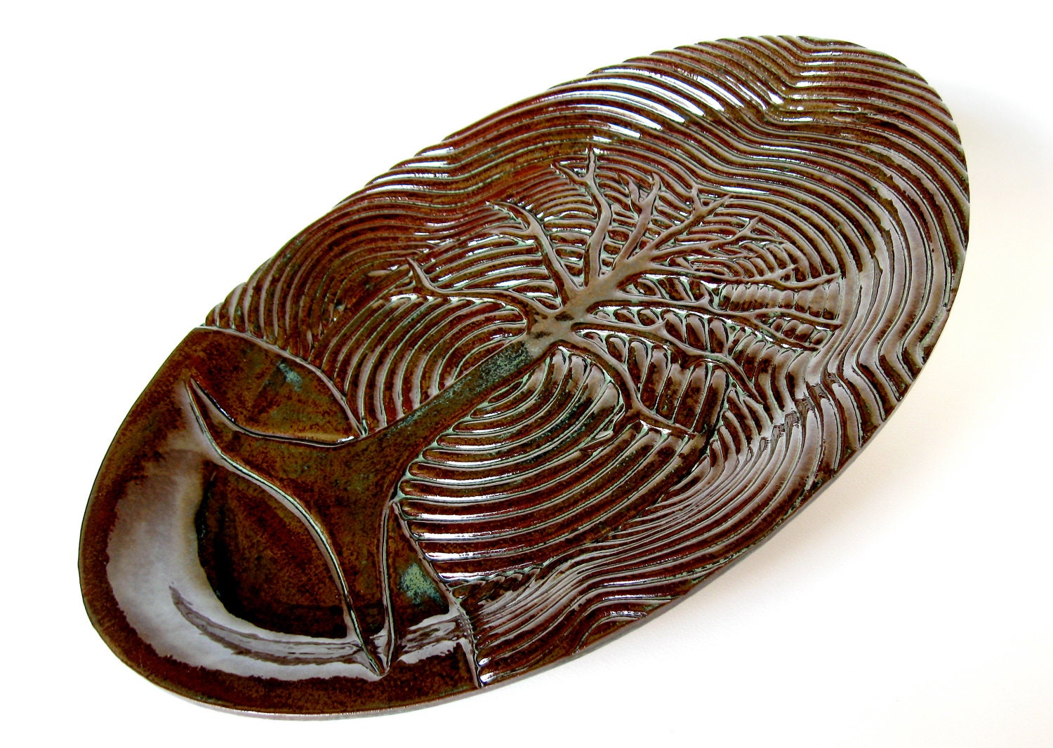 Ceramic Tree Serving Platter, modern stoneware pottery large oval art plate weddings table settings decorations decor gift present