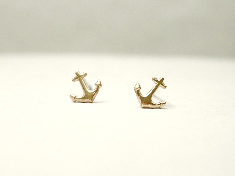Tiny anchor studs - brass anchor on sterling silver posts - nautical beach jewelry