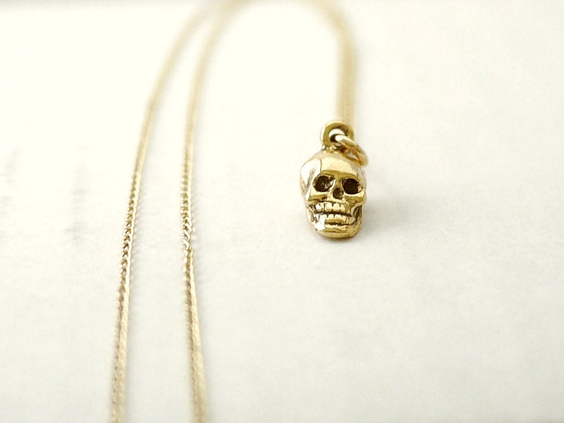 Tiny skull necklace - gold filled chain - whimsical minimal illusy