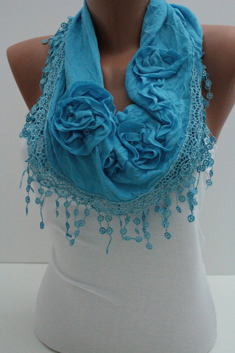 Blue Cotton Shawl / Scarf - Headband Cowl with Lace Edge - Spring Trends