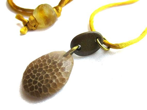Honeycomb Gold - Fossil with Brown Lake Michigan Beachstone and Rootbeer Glass Bead Necklace Eco Friendly