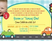 Birthday Party Invitation Cars - First Birthday Cars Boy - Photo Card - Balloon - Birthday Party Invite Cars - Yellow Red Lime Orange