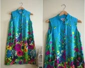 Vintage Blue // Pink Hawaiian Floral Mod/ Shift Dress - 1960s