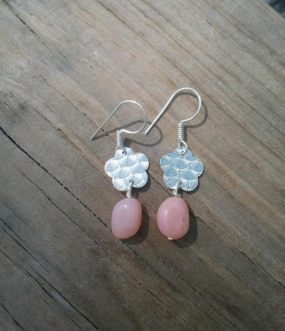 Pink Opals & Silver Etched Metal Flower Dangle Earrings