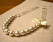 Sabrina: Beautiful Bride or Bridesmaid Pearl Necklace -  Ivory Pearls and Ivory Ribbon - Clasp Closure