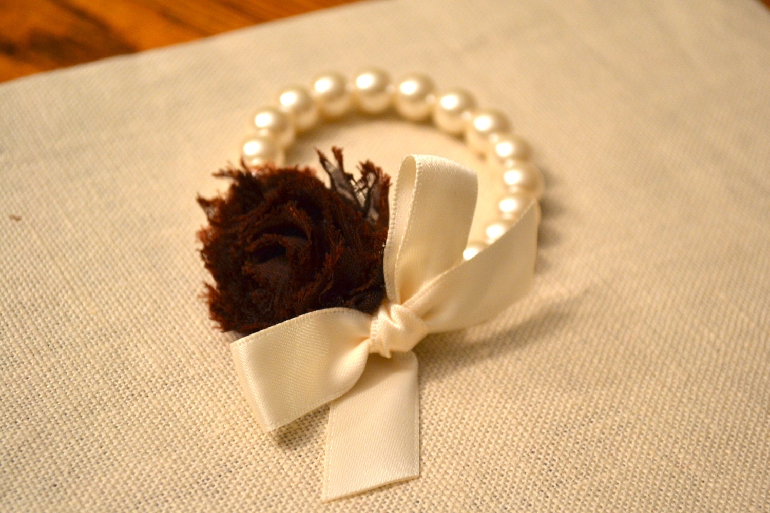 Items similar to Grace Ivory Pearl Corsage Bracelet with Ivory Ribbon