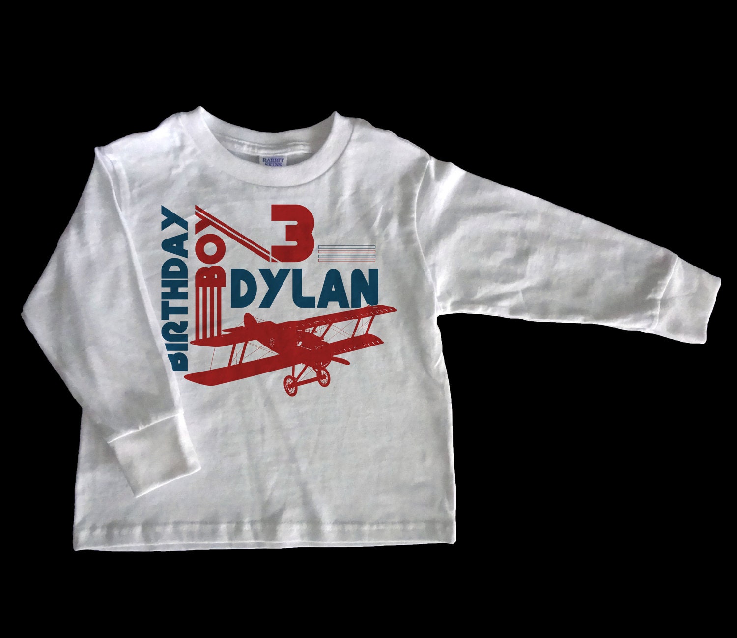 Long Sleeve Retro Airplane Birthday Boy Personalized T Shirt - Custom Kids Party Shirt - Childrens Birthday Party Clothing