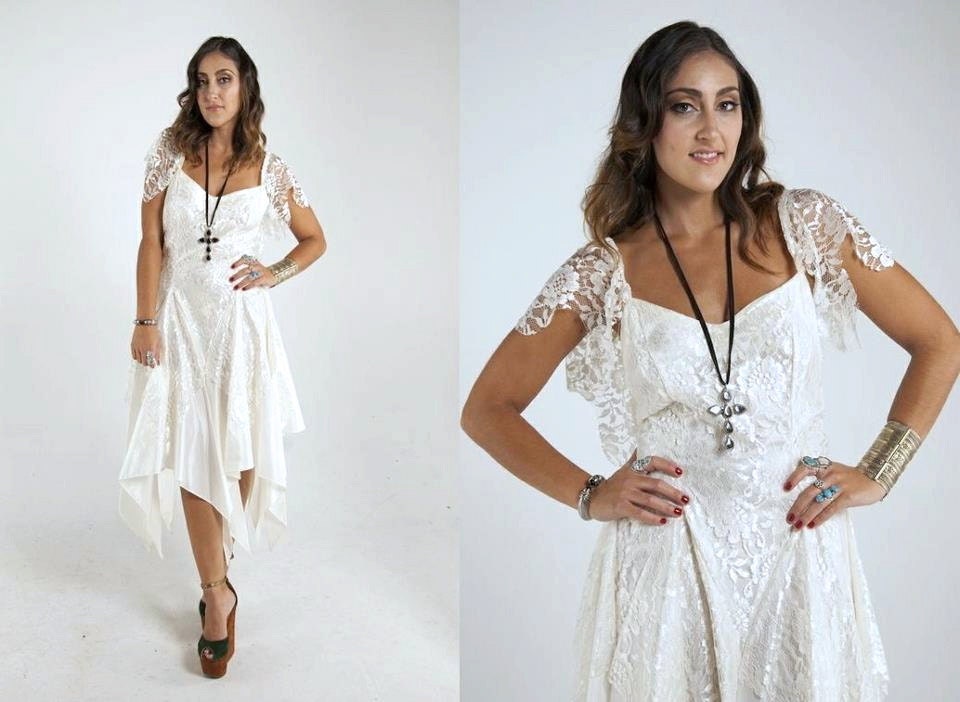 Vintage 80s WHITE Winged Dove LACE Asymmetrical Dress SM
