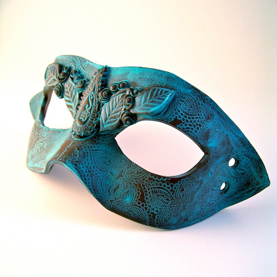 Polymer Clay Mask: Verdigris Patina, Leaves, Paisley,  Vegan "Leather" - WingsOfClay
