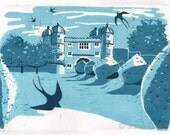 Garden and Birds linoprint blue handpulled print unframed