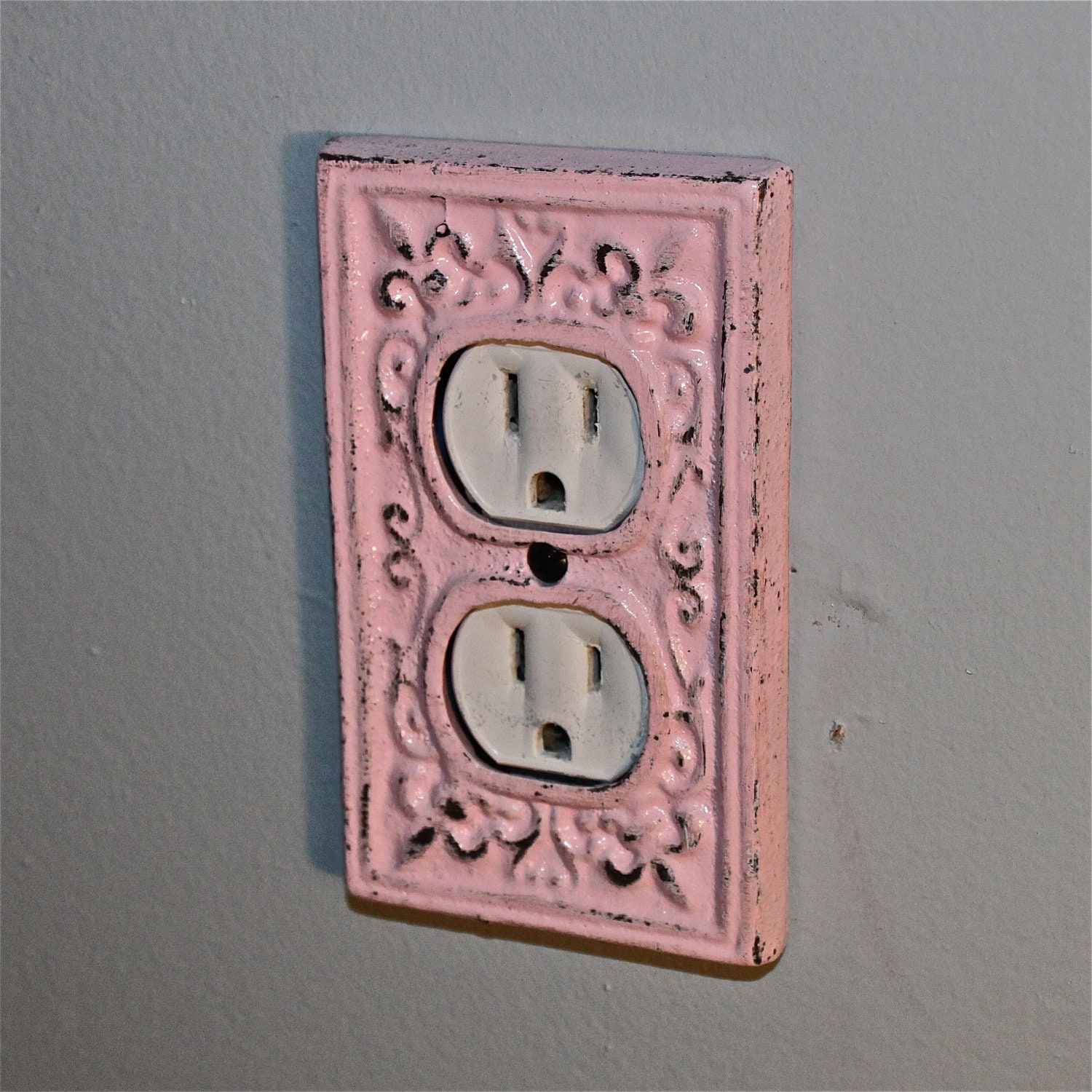 Candy Pink Decorative Electrical Outlet Plate /Plug-in Cover/ Fleur de lis/ Bright Cast Iron/ Painted Metal/ Shabby Chic
