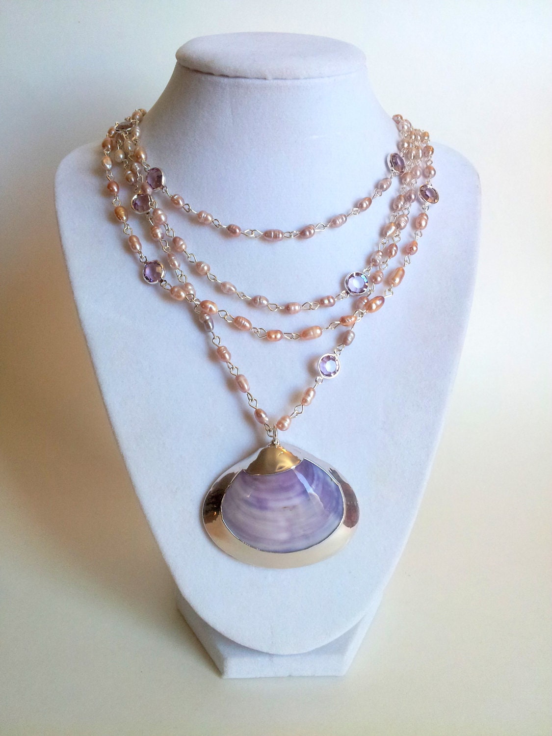 Purple Clam Silver Seashell Necklace with Freshwater Peals