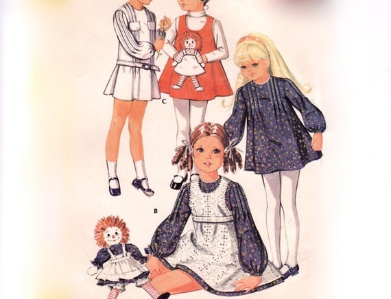 Vintage 1970 Child's Sewing Pattern - Girl's Pin Tucked Dress & Jumper with Raggedy Ann Doll Applique Pocket - McCall's 2530, Size 3, Uncut