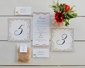Custom Wedding day paper goods and decorations - Spring Petals. Table number, menu, place card and real flower petal confetti bag.