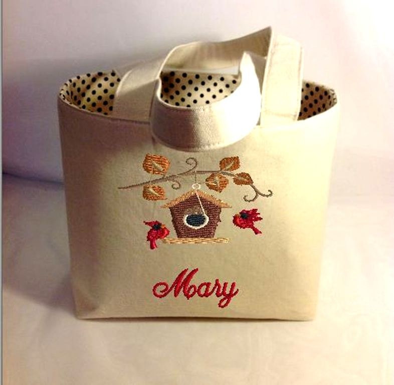 Tote Bag Fabric Handmade Tote Custom Embroidered with Monogram Cardinal Birdhouse Design