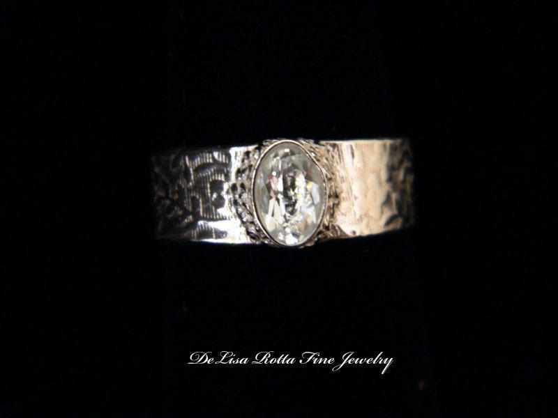 Recycled Silver Antiqued Floral Lace and Aquamarine Wide Wedding Band Fashion Ring Engagement Ring