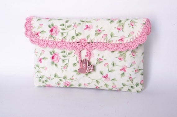 Cosmetic makeup bag, crochet lace clutch,pink lace pouch Vintage purse bird button bridal wedding