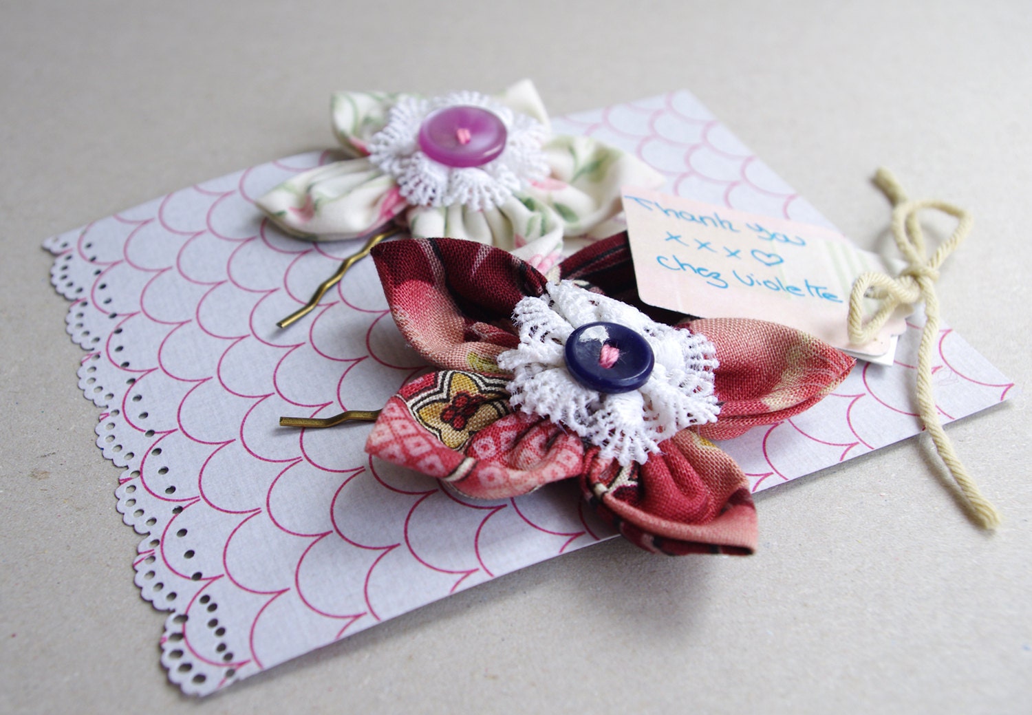 Flower Hair Pin accessories set Ecru Pink Burgundi Fabric Antic lace