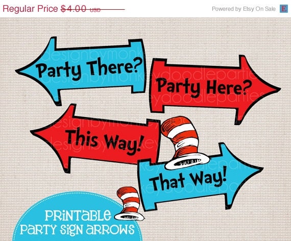 SALE Adorable Dr Seuss Cat in the Hat Inspired Printable Party Arrow Signs 4 Phrases Plus Hats Il_170x135