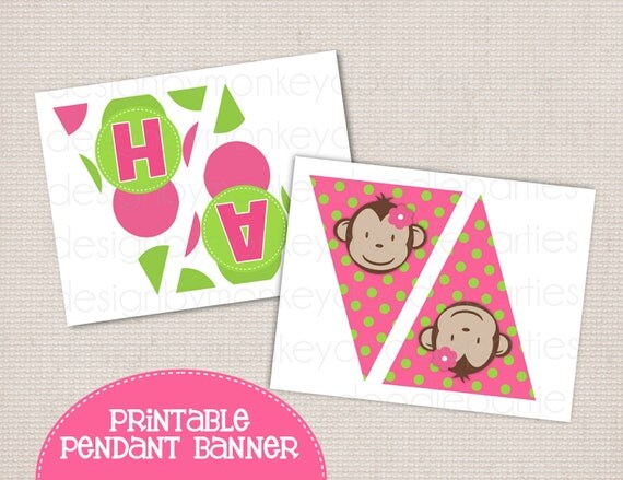 Girl's Mod Monkey Birthday Party Printable DIY Pendant Banner "HAPPY BIRTHDAY" Il_570xn
